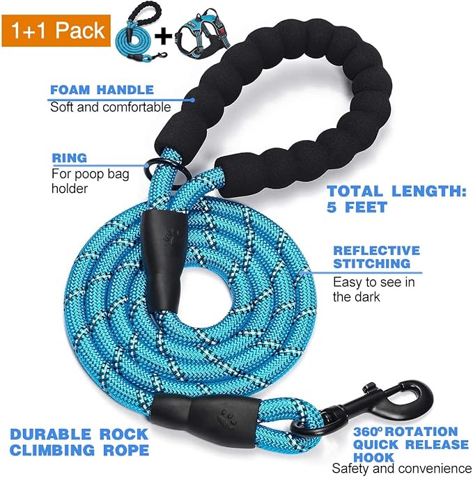 No Pull Dog Harness Adjustable Reflective Oxford Easy Control Medium Large Dog Harness with A Free Heavy Duty 5ft Dog Leash (M (Neck: 14.5"-20.5", Chest: 22"-28"), Blue Harness+Leash)