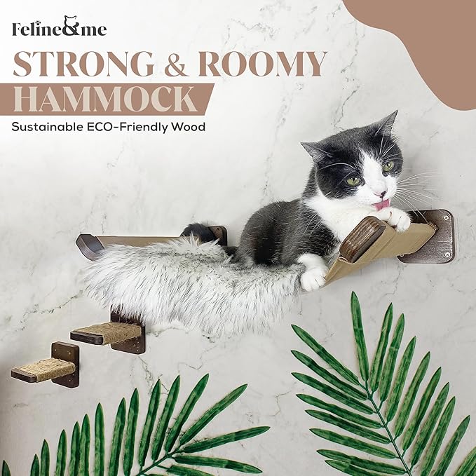 Multi-Level Cat Wall Hammock with Plush Cushion and Two Steps - Shelves Set with Perches for Playing, Climbing, and Sleeping - Wooden Cat Wall Bed