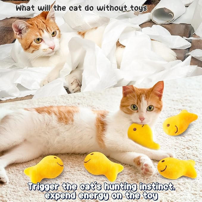 L1rabe Goldfish Cracker Catnip Stuffed Toys - Summer Black Cat Appreciation Day 5P Goldfish Cat Toys Funny Yellow Indoor Cats Chew Bite Teething Tools Kittens Birthday Gifts Interactive Pet Supplies