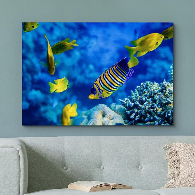 wall26 Canvas Print Wall Art Striped Yellow Tropical Fish Coral Reef Sea Nature Animals Photography Realism Rustic Scenic Landscape Wilderness Colorful for Living Room, Bedroom, Office - 32"x48"