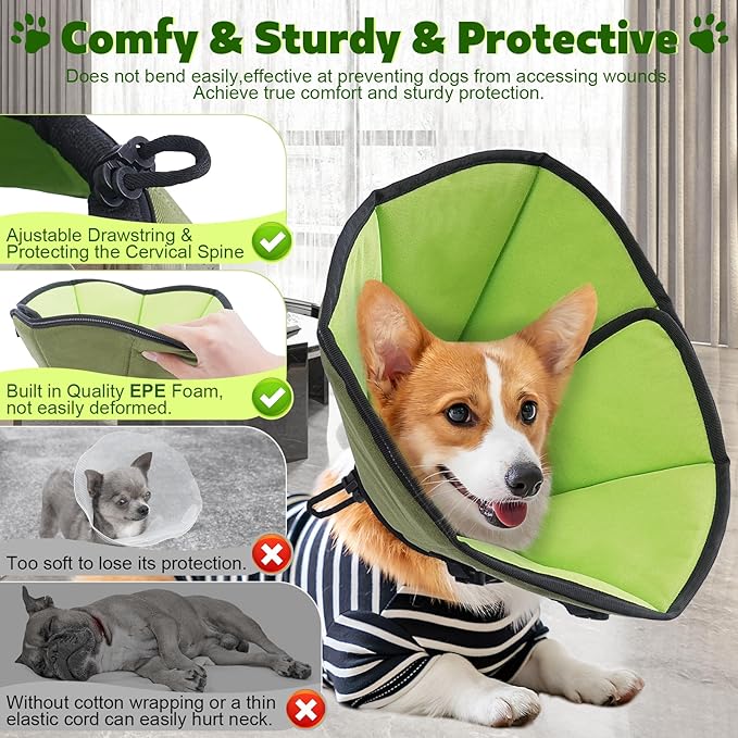Soft Dog Cone After Surgery: Comfortable Dog Cones Collar for Stop Licking Biting - Adjustable Elizabethan Collar for Dogs fit for Small Medium Large Dogs (Green, S)