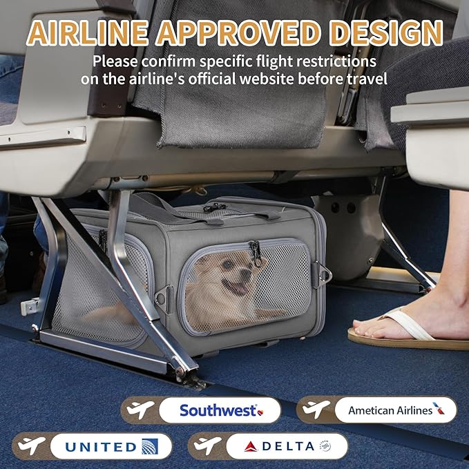 ‌Petsfit Airline Approved Pet Carrier for Small Dogs & Cats, 19x9x12 TSA Approved Carrier, with Removable Dual-Sided Padding (2-Way Placement) - Fits Under Most Airplane Seats, Escape Proof (Gray)