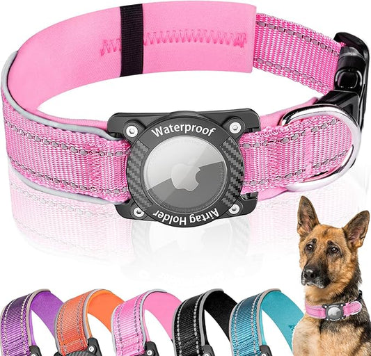 Upgraded AirTag Dog Collar, IP68 Waterproof Dog Collar with Apple Air Tag Holder, Reflective Adjustable Heavy Duty Dog Collars with Soft Padded for Small, Medium and Large Dogs,Pink, XL