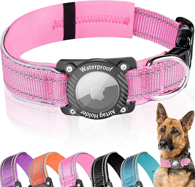 Upgraded AirTag Dog Collar, IP68 Waterproof Dog Collar with Apple Air Tag Holder, Reflective Adjustable Heavy Duty Dog Collars with Soft Padded for Small, Medium and Large Dogs,Pink, L