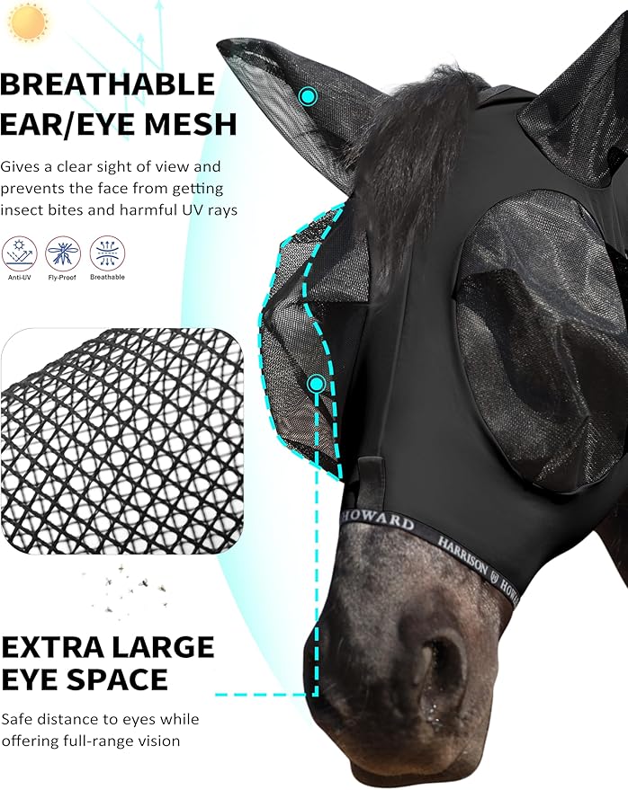 Harrison Howard Horse Fly Mask with Forelock Opening Stretch Breathable and Comfortable for Horses UV -Protection Black M