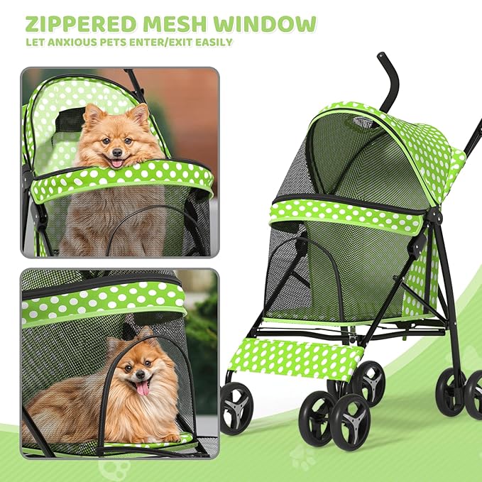Magshion Compact Pet Stroller for Small-Medium Dogs/Cats up to 22lbs, 4-Wheel Lightweight Umbrella Shaped Portable Puppy Travel Jogger with Breathable Mesh & Rear Storage, Lawn Green Polka Dots