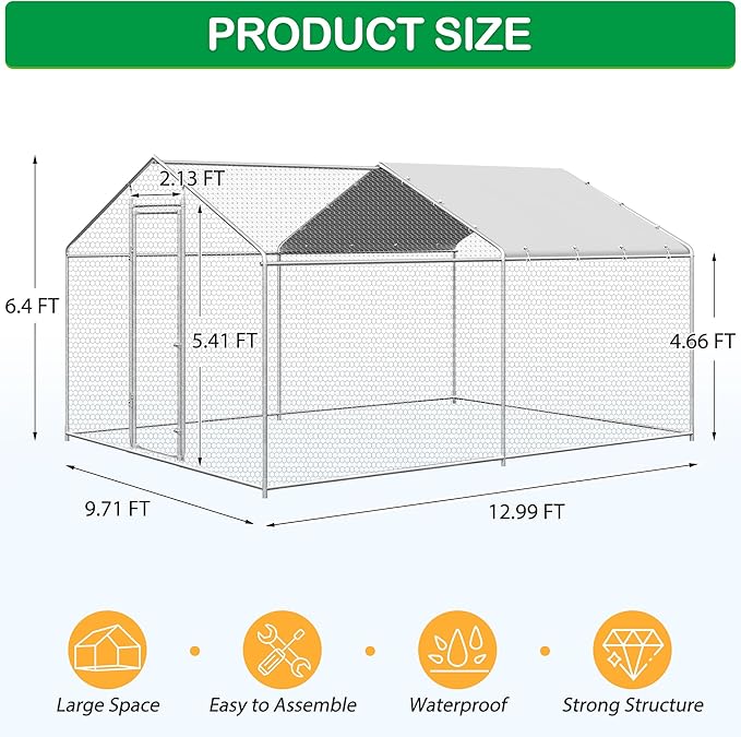 Large Metal Chicken Coop, Walk-in Chicken Run Pen with Waterproof Cover, Spire Roof Poultry Cage Run for Outdoors, Backyard, Farm(9.7'Wx12.99'Lx6.4'H)