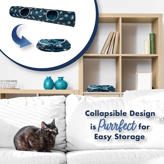 NFL Philadelphia Eagles Cat Tunnel Tube Toy with Plush Football Catnip and Feathers Collapsible Tunnel for Cats to Play, Peek and Hide, Sporty & Fun Cat Tunnel Toy with Team Logo All-Over Design!