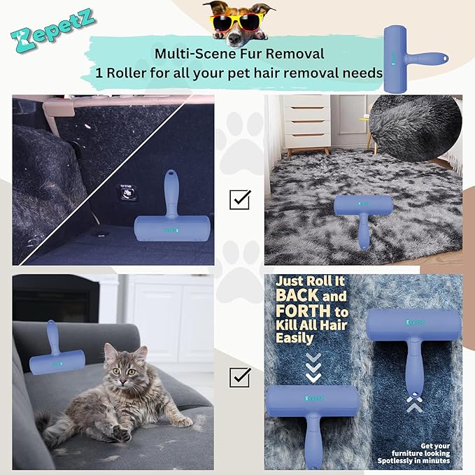 Pet Hair Removal Tool – Reusable Lint Roller for Dogs & Cats – Self-Cleaning Fur Remover Brush – Ergonomic Lint Roller for Carpet, Bedding, Couch, Car Seat & More (Blue)
