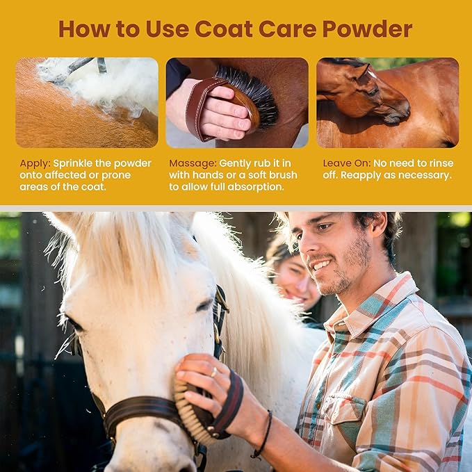 Coat Care Powder for Horses 8.4oz | Made in USA | Equine Skin Conditioner for Sweet Itch, Rain Rot & Skin Issues | Effective Dry Horse Shampoo & Daily Preventative | Herbal & Natural Formula