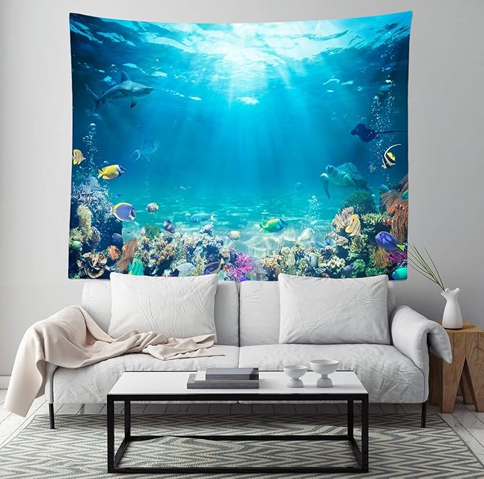 Loccor Underwater World Tapestry Blue Ocean Wall Hanging Under the Sea Coral Reef Wall Tapestry Tropical Fish Tank Undersea Tapestries Marine Wall Art for Bedroom Living Room Dorm Decor 92x70 Inches