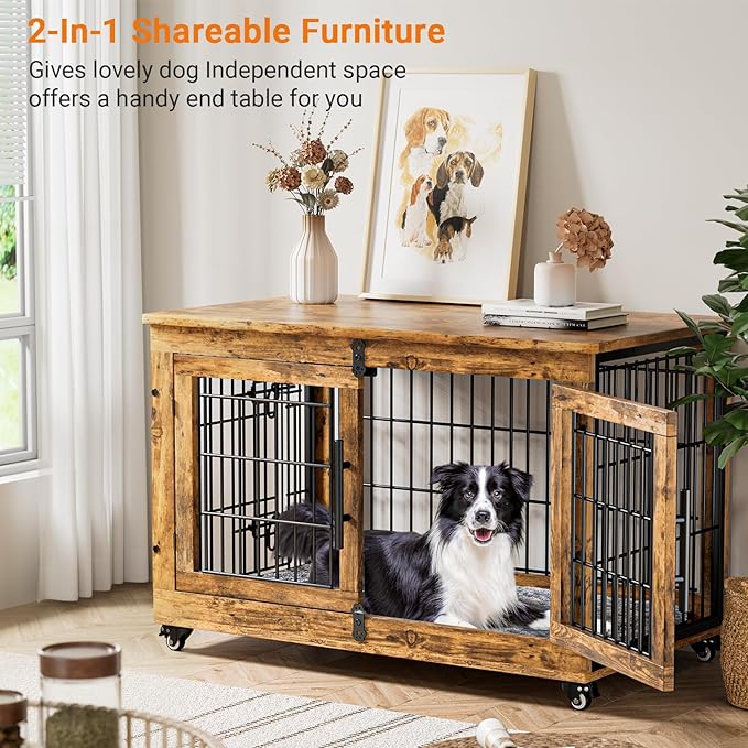 Lulive Dog Crate Furniture Set of 2, Dog Kennel Indoor Double Doors Wooden Dog Cage, 38'' Heavy Duty Dog Crate with Cushion & Wheels, End Table Pet House Chew-Resistant Up to 70 lb, Rustic Brown