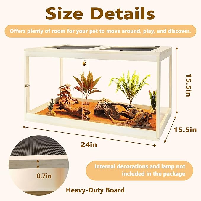 Reptile Terrarium Tank Up to 78 Gallon, Lizard Tank Bearded Dragon Tank with Metal Mesh Roof Door, Snake Tank with Lock Design (Oak, 27 Gallon Volume, 24 Inch Length)