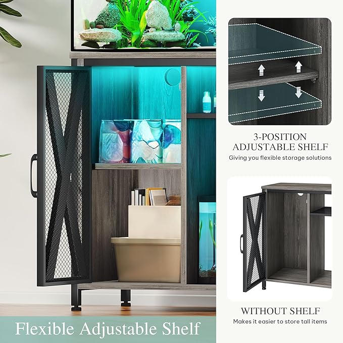 YITAHOME Fish Tank Stand with Power Outlets & LED Light, 20-29 Gallon Metal Aquarium Stand with Cabinet for Fish Tank Accessories Storage for Turtle Tank, Reptile Terrarium, 350LBS Capacity, Grey