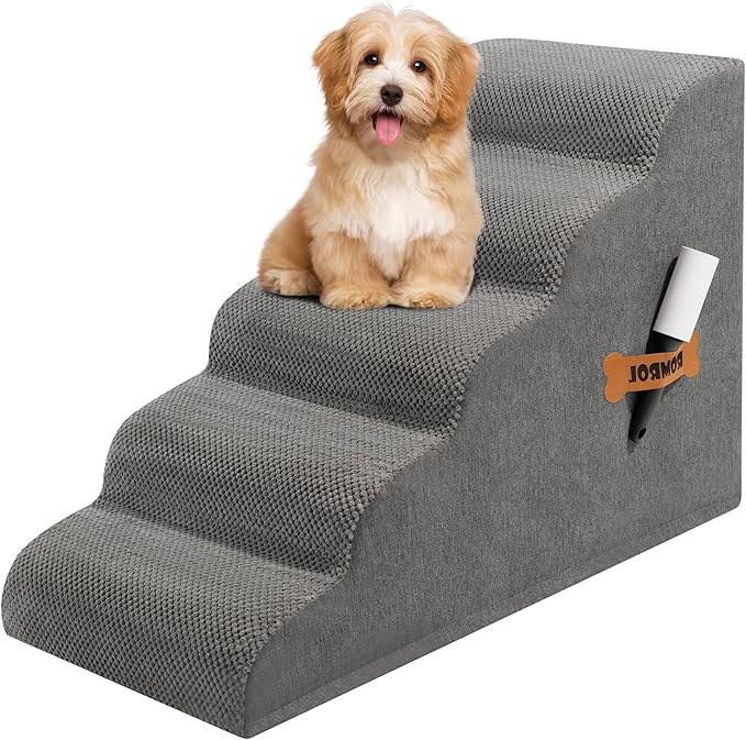 Romrol Dog Stairs Ramp for Small Dogs, Pet Stairs Steps with Durable Non-Slip Waterproof Fabric Cover, Dog Slope Stairs to Bed for Small Dogs and Cats or Pets Joints, 5-Steps, Grey