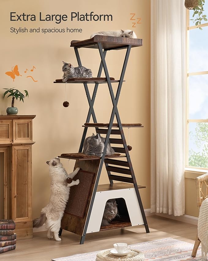 FourFurPets 72.4" Modern Cat Tower for Indoor Cats - Multi-Level Condo With Caves, Tall Tree With Scratching Board, Wooden Tower With Large Perch, Removable Pads, Rustic Brown