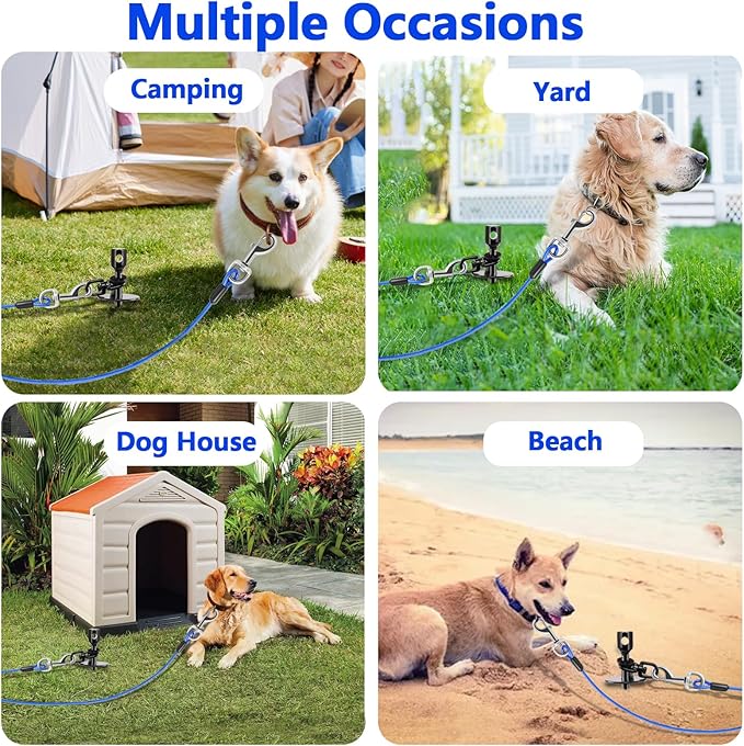 Heavy Duty Dog Tie Out Cable and Stake,30FT Rust Proof Dog Tether Leads for Yard,360°Swivel Spiral Dogs Stake&Chain Up to 200 lbs, Ground Anchor for Outdoor Beach Camping