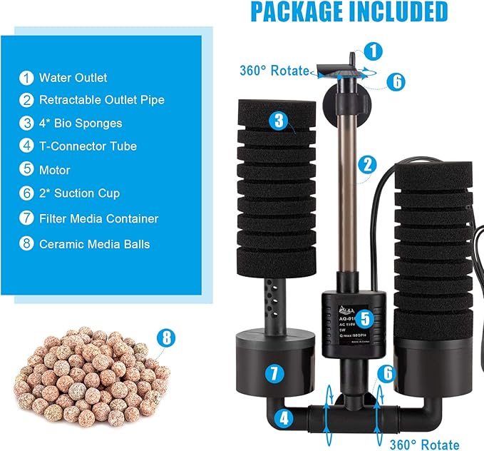 AQQA Aquarium Sponge Water Filter, Power Driven Double Biochemical Filter, Quiet Submersible Foam Filter with 2 Extra Sponges, 1 Bag of Filtered Ceramic Balls for Fresh and Salt Water Fish Tank (L)