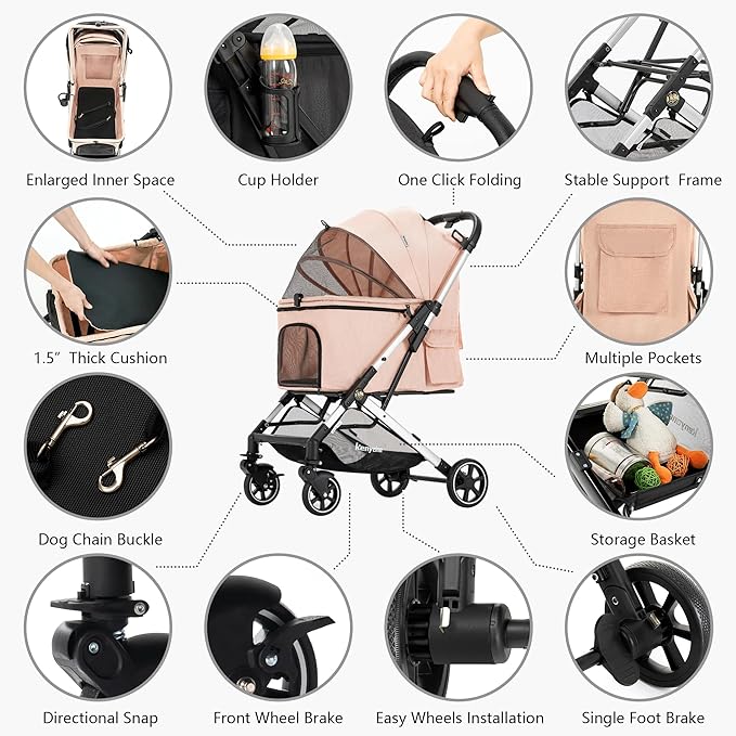 Medium Dog Stroller, Kenyone Pet Stroller for Medium Dogs Up to 55lbs, Lightweight Aluminum Frame, One Click Folding, Large Cat Stroller with No Zip Entry, Detachable Mesh, Multiple Pockets