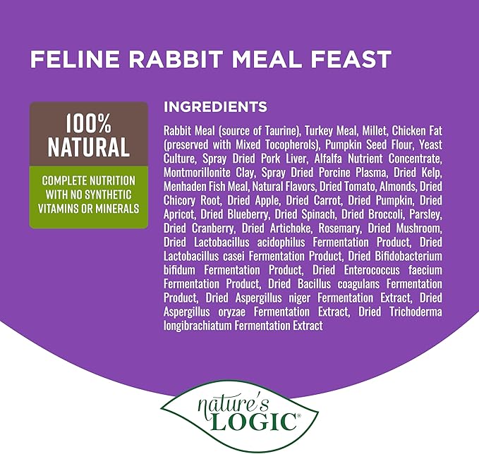 Nature's Logic Feline Chicken Meal Feast Cat Food - High-Protein Dry Food for Cats, 100% Natural Nutrition with Probiotics & Prebiotics - All Life Stages - Rabbit, 7.7lbs