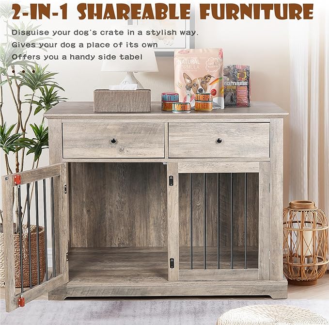 LEMBERI 44 Inch Large Dog Crate Furniture, Wooden Dog Kennel End Table with Storage Drawers, Decorative Pet Cage Dog House Indoor for Dogs