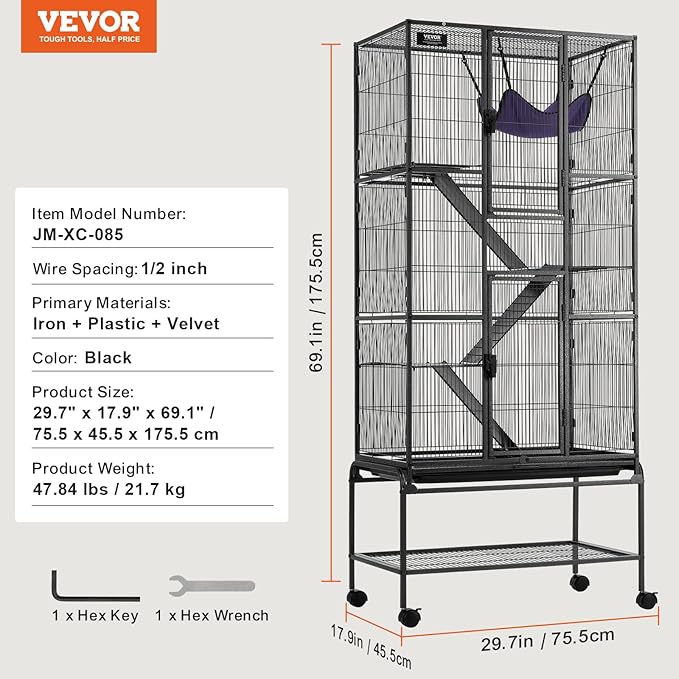 VEVOR 69" Rolling Metal Ferret Cage, Large 4-Tier Critter Nation Cage, Small Animal Cage with Ramps & Tray, Easy to Set up for Pet Mice, Hamster, Guinea Pig, Chinchilla, Squirrel, Hedgehogs, Bunny