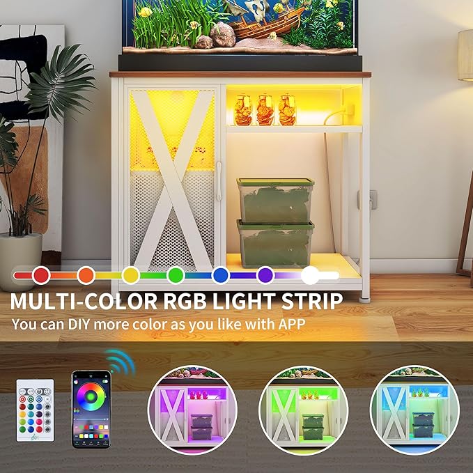 DWVO 40-50 Gallon Aquarium Stand with Power Outlets & LED Light, Cabinet for Fish Tank Accessories Storage - Metal Fish Tank Stand Suitable for Turtle Tank, Reptile Terrarium, 660LBS Capacity, White