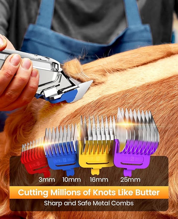 oneisall Dog Clippers for Grooming Thick Hair Professional,Cordless/Low Noise Pet Grooming Kit with Detachable Metal Combs, Rechargeable Heavy-Duty Pet Clippers for Thick/Curly/Fine/Wavy Hair (Sliver)