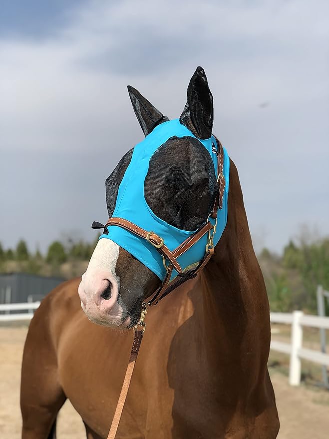 Horse Fly Mask Super Comfort Horse Fly Mask Elasticity Fly Mask with Ears We Only Make Products That Horses Like… (Pacific Blue, M)