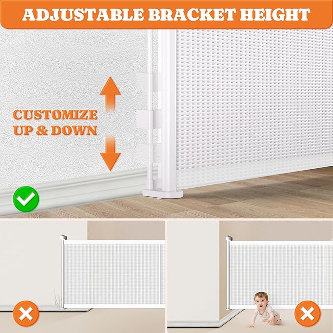 Upgrade Retractable Baby Gates, 35" Tall Extends up to 60" Wide, Mesh Dog Gate Indoor for Stairs, Outdoor Reinforced Pet Gate with Support Rods for Doorways Hallways Kitchen Bedroom, White