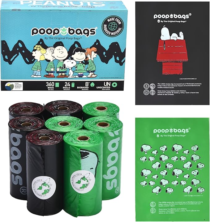 The Original Poop Bags® 38% USDA Biobased Pet Waste Bags, Peanuts Design, Leak-Resistant & Durable, Black/Green, 360 Count