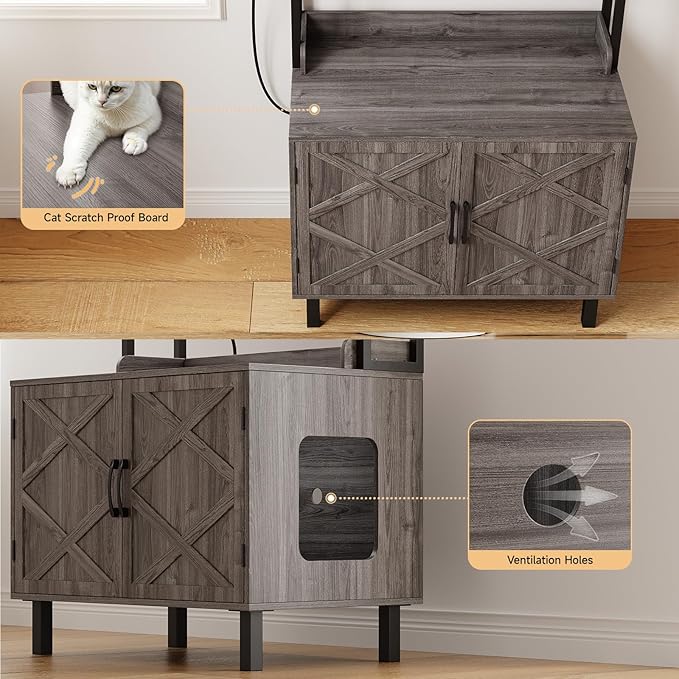 55 Inches Cat Litter Box Enclosure, Hidden Litter Box Furniture with 2 Storage Shelves and Charging Sockets, Wooden Cat House, Large Indoor Cabinet for Living Room & Entryway, Grey