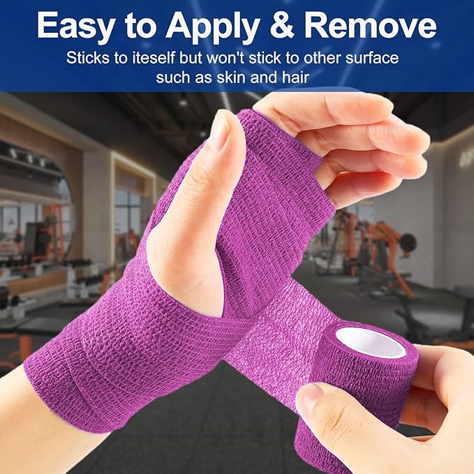 24 Pack 2 Inch x 5 Yards Self Adhesive Bandage Wrap, Elastic Cohesive Wrap 2 inch Vet Wrap Bandage Tape, Purple Grip Tape for Athletic, Sports, First Aid Medical, Wrist, Ankle Sprains