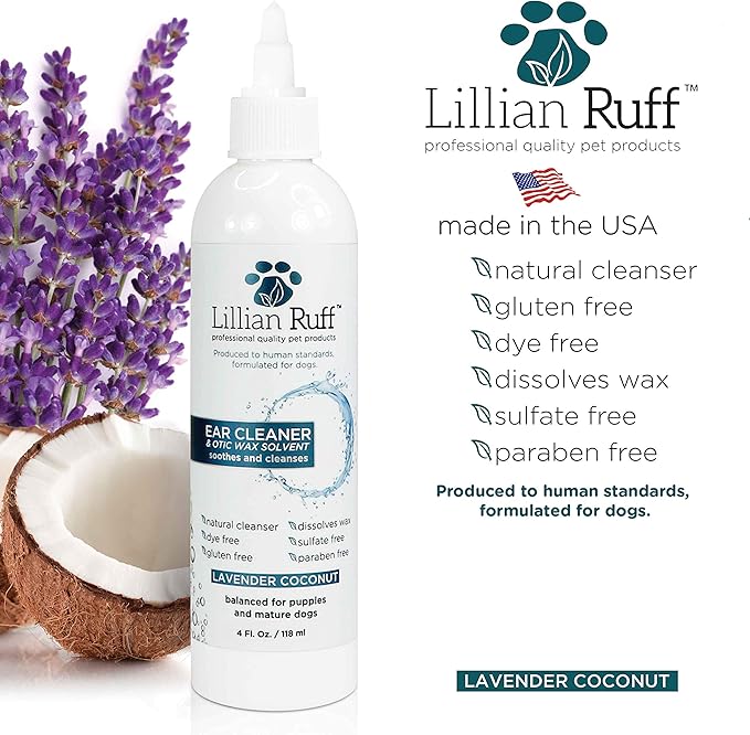 Lillian Ruff Ear Cleaner & Otic Wax Solvent for Dogs with Tea Tree Oil, Bee Propolis & Aloe - Coconut and Lavender Scent - Dissolve Wax and Combat Ear Odors - Safe for Sensitive Ears (4oz)