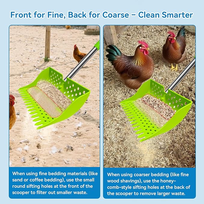 12-Inch 2-in-1 Chicken Poop Scooper & Rake – US Patent Pending – 3-Shape Sifting Holes Chicken Coop Rake，Stainless Steel Handle （20–61"）– Litter Scoop Sand & Sifting Shovel for Chicken Coops(Green)