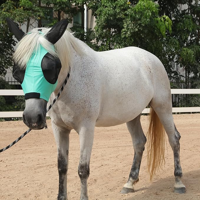 Horse Fly Mask with Ears - Large Eye Space for Full Vision, Breathable Stretch Comfort Fit, UV Protection, Forelock Opening, Easy Pull-On Green Full