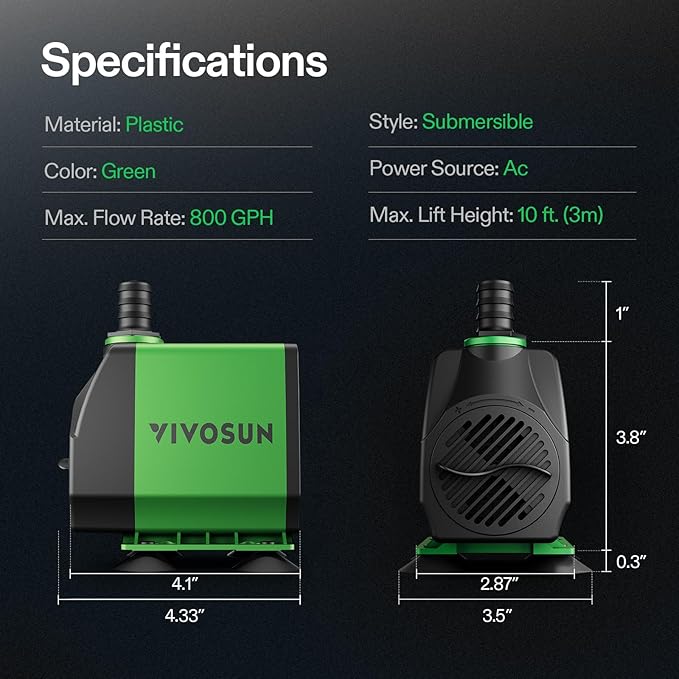 VIVOSUN 800GPH Submersible Pump(3000L/H, 24W), Ultra Quiet Water Fountain Pump with 10ft. High Lift with 6.5ft. Power Cord, 3 Nozzles for Fish Tank, Pond, Aquarium, Statuary, Hydroponics Green