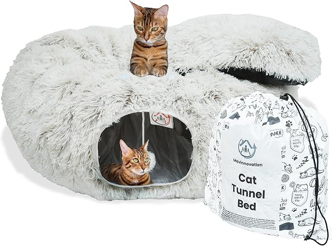 Large Cat Tunnel Bed for Indoor Cats Warm Fluffy Plush Cat Cave Tunnel Bed Collapsible, Washable, 3 Way and Multifunctional with Dangling Balls for Cats, Kittens and Rabbits- Brown