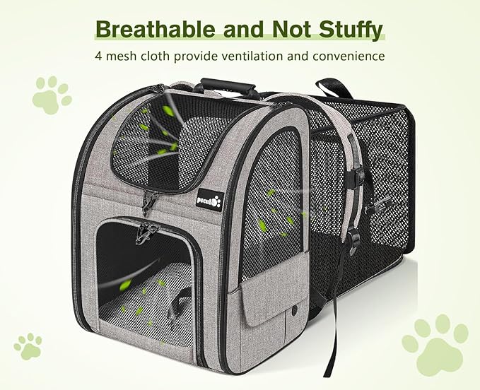Pecute Pet Carrier Backpack, Large Cat Carrier Backpack, Expandable Cat Backpack with Breathable Mesh for Medium Large Cats, and Small Dogs, Dog Backpack Carrier for Travel Hiking Khaki