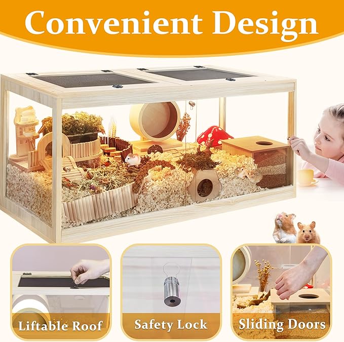 Hamster Cage with Openable Metal Mesh Top,Hamster Enclosure and Gerbil Cage with Clear Panels for Hamster Habitat,Solid Built with Lock Design (40“x20”x20)