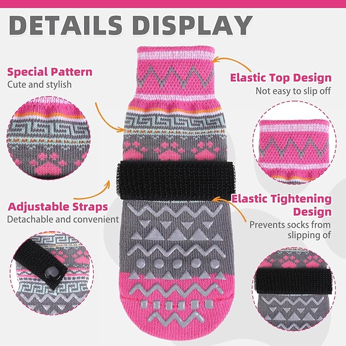 KOOLTAIL Dog Socks to Prevent Licking Paws for Hardwood Floors Anti Slip, Winter Warm Pet Boots&Paw Protector with Grippers, Double Sides Dog Shoes Booties for Small Medium Large Senior Dogs Pink S