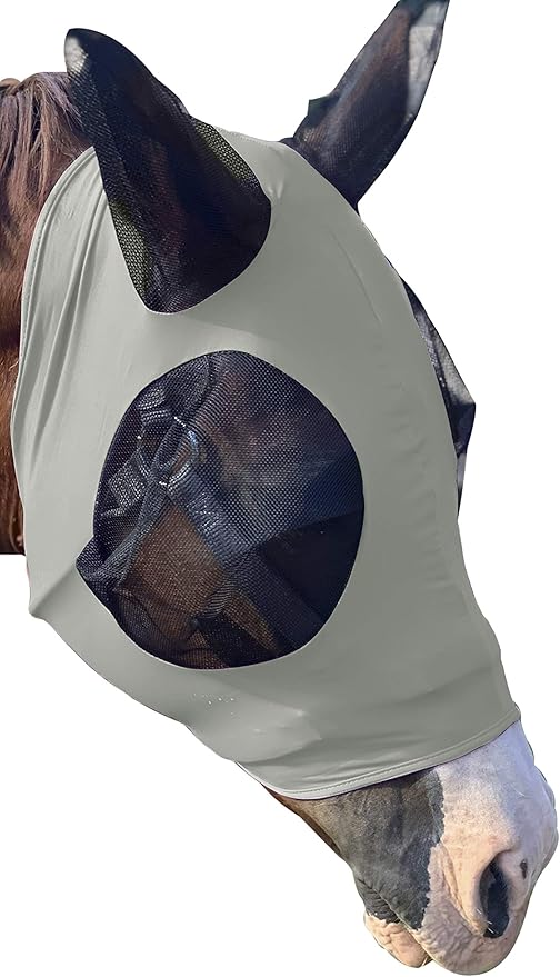 Horse Fly Mask - Durable Equine Fly Mask with Full Coverage for Eye & Ear - Stretchable, UV & Sun Protection Flymask for Horses, Ponies & Mini Horses - Horse Face Cover for Pasture & Trail - Gray
