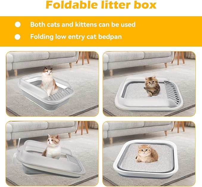 Open Cat Bedpan with Spoon,Shallow Splash Proof Travel Litter Box with Sand Drop Pedal High Side Low Entrance Cat Toilet Semi-Enclosed Adjustable for Kittens Elderly Cats Disabled Cats(Gray)