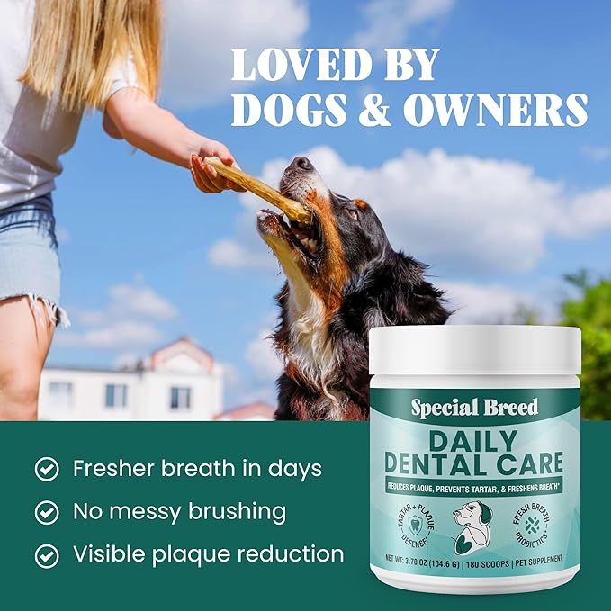 Dog Teeth Cleaning Powder – Natural Dog Dental Powder for Tartar Control, Fresh Breath & Gum Health – Daily Plaque Remover with Zeolite, Brown Algae, Probiotics & Rosemary – 180 Scoops