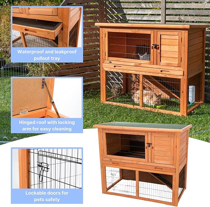 TRIXIE natura Outdoor Rabbit Hutch with Run - 2-Story Rabbit Cage with Non-Slip Ramp - Large Elevated Small Animal House with Secure Playpen, Hinged Roof & Pull-Out Tray - in Brown