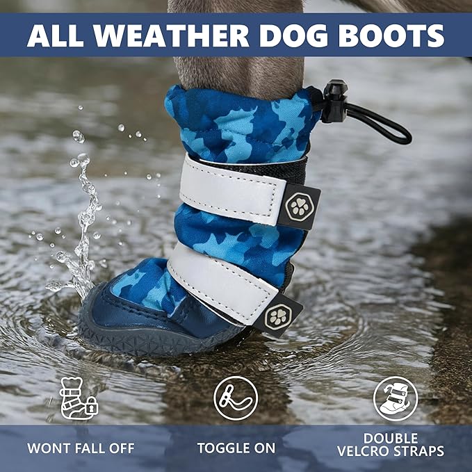 Spark Paws Dog Shoes, Waterproof Dog Boots for Medium to Large Dogs, Non Slip, Breathable Dog Booties and Paw Protectors - 4PCS Doggie Hiking Boots with Reflective Straps, Blue Camo, Size 3