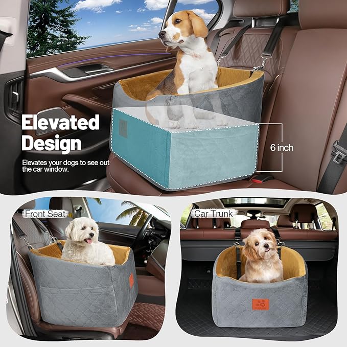Dog Car Seat for Small Medium Dogs, Memory Foam Booster Car Seat for Dogs up to 35 lbs, Elevated Pet Car Seat, Travel Safety Bed with Washable Removable Cover and Storage Pockets(Gray/Coffee)