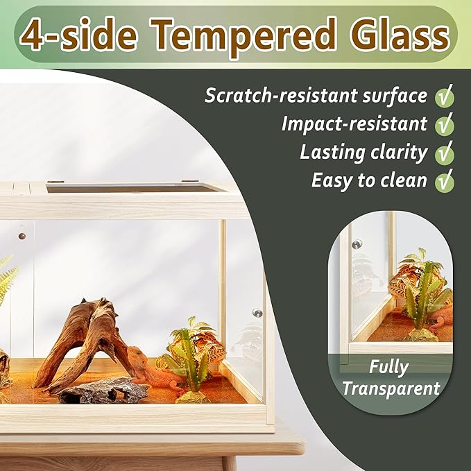 Tempered Glass Bearded Dragon Tank,32 Gallon Reptile Tank with Meatl Mesh Roof and Front Sliding Door, Anti-Scratch Lizard Tank,Spacious Reptile Enclosure for Snakes,Lguanas, Chameleons (Oak)