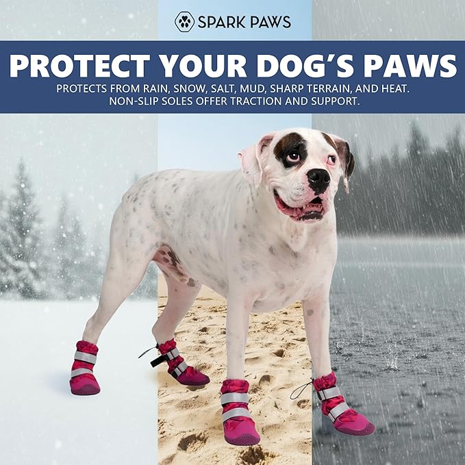 Spark Paws Dog Shoes, Waterproof Dog Boots for Medium to Large Dogs, Non Slip, Breathable Dog Booties and Paw Protectors - 4PCS Doggie Hiking Boots with Reflective Straps, Pink Camo, Size 3