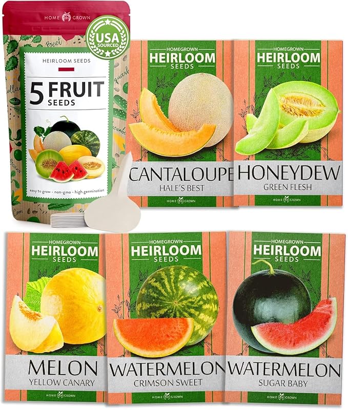 HOME GROWN 𝗨𝗦𝗔 𝗣𝗥𝗘𝗠𝗜𝗨𝗠 Melon Seeds Variety Pack 5 𝗡𝗢𝗡-𝗚𝗠𝗢 Heirloom Vegetable Seeds, Watermelon Cantaloupe Honeydew Sugar Baby & Melon, High Germination for Planting Home Garden Indoors